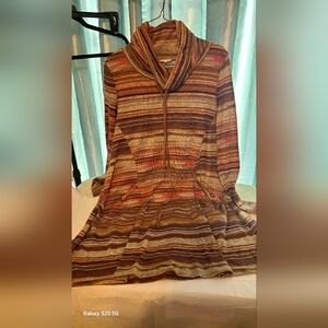 Main Striped Funnel Neck Tunic Dress Brown,pink,purple,gray Stripes.